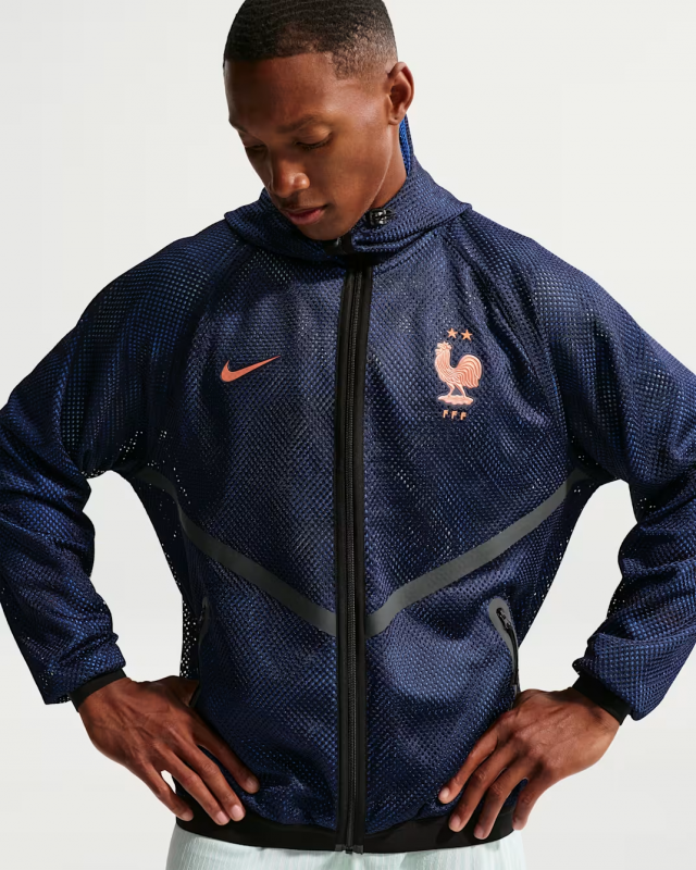 26/27 France Navy Blue Mesh Anthem Full Zipper Hooded Windbreaker Jacket