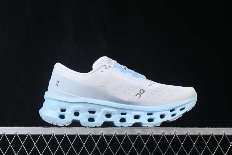 On Cloudmonster 3 Cushioned Running Shoes – White/Light Blue with Silver-Grey Logo