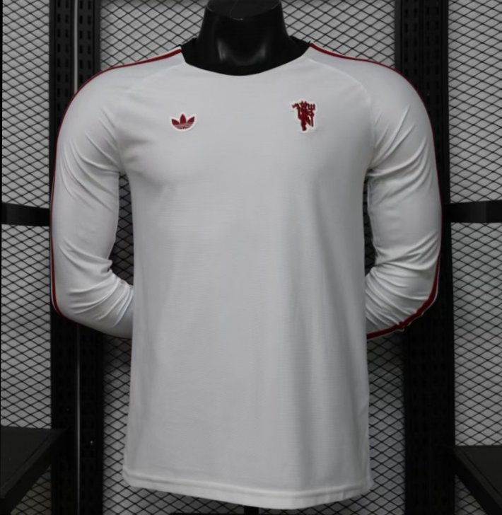 Player Version 2026 Manchester United Away White with  Red Shoulder Stripe Long Sleeve Jersey