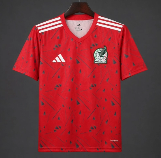 2026 Mexico Red Soccer Jersey with Green Geometric Triangles and Stripe