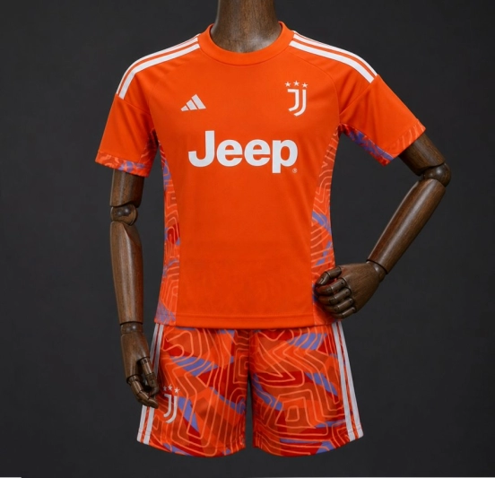 26/27 Kids Juventus Orange with Abstract Maze Pattern Goalkeeper Jersey Set